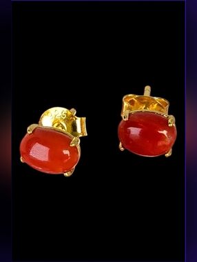 925 Sterling Silver Stud 14K Yellow Gold Plated with Natural Red Coral 5x6mm